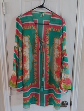Violet Sky Sheer Boho Tassel Kaftan Green Pink Gold Baroque Swim Cover Up OS